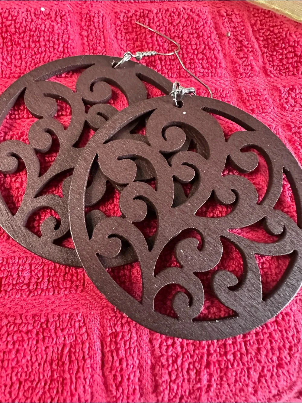 Source Unknown Brown Filigree Round Wood Earrings